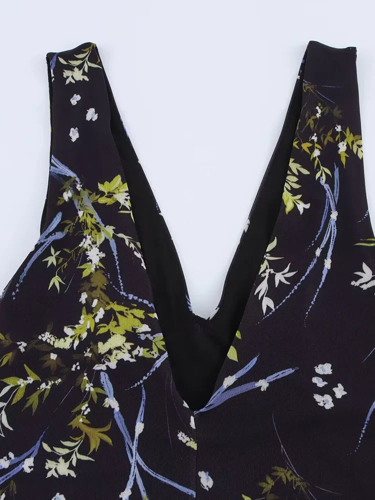 Women Summer Midi Tank Dress Vintage Print Chiffon V Neck