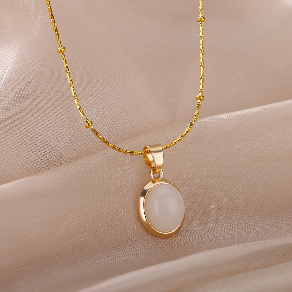 Gold Color Opal Oval Necklace for Women Stainless Steel Pendant Jewelry Gift