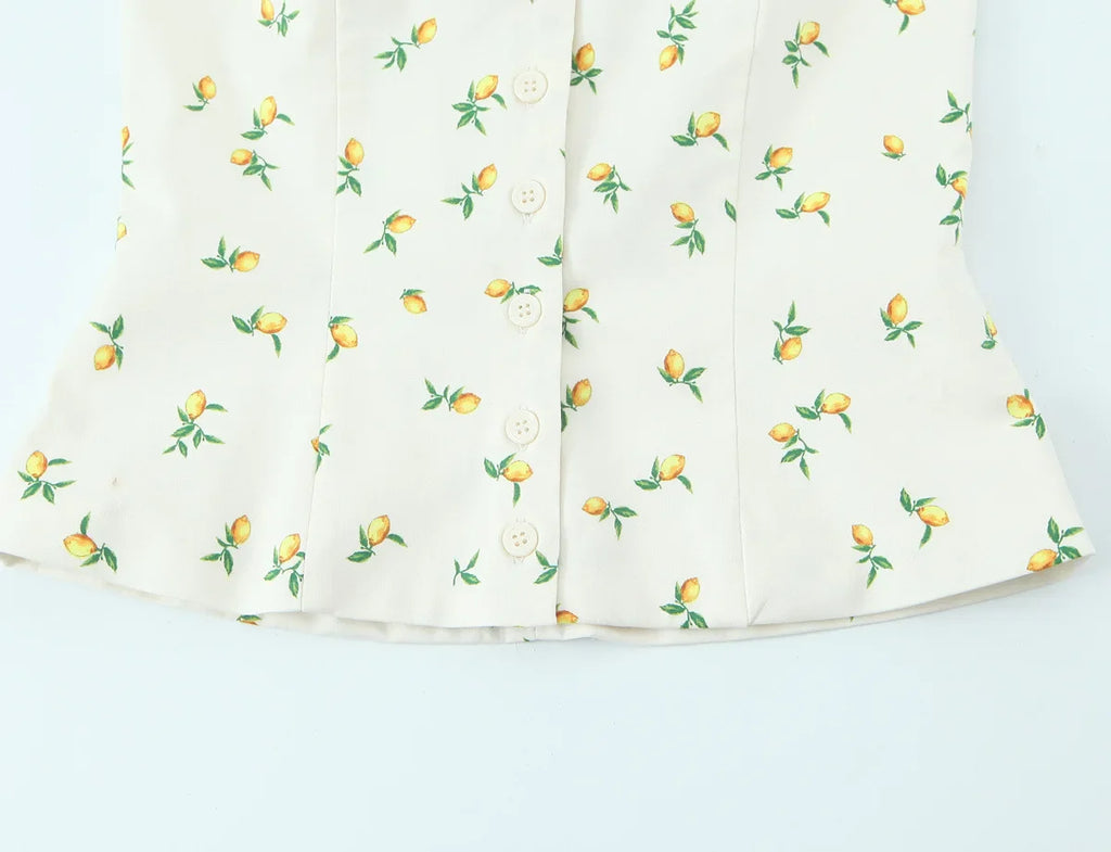 Casual Summer Two Piece Skirt Set for Women Lemon Print Backless Hanging Collar Tank Top with A-Line Mini Skirt Sleeveless Short Top