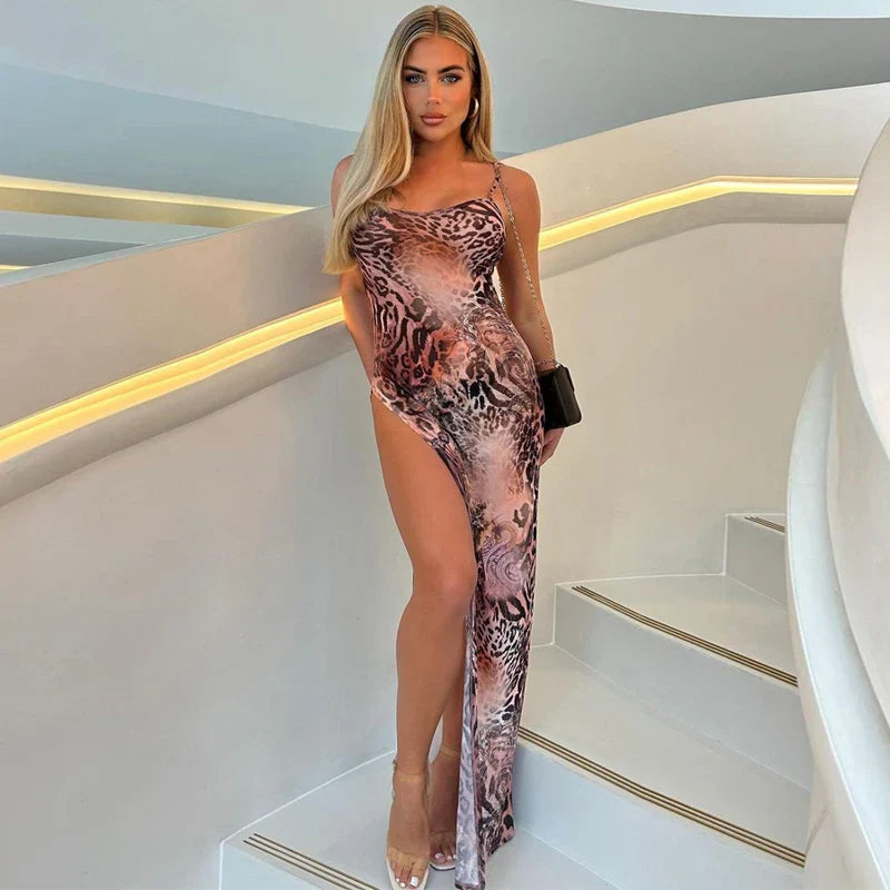 Leopard Print Mesh Maxi Dress Backless Slit See Through