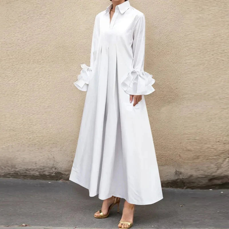 Bohemian Maxi Shirt Dress With Ruffle Pleats Long Sleeve