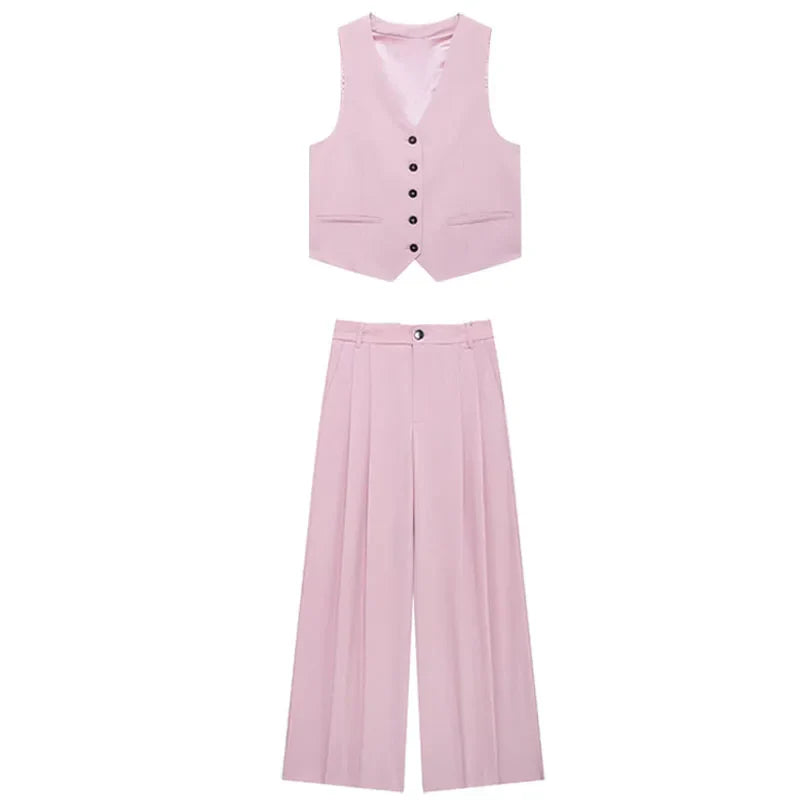 Solid Sleeveless V-Neck Vest and High Waist Zipper Loose Pants Set for Office and Casual Wear