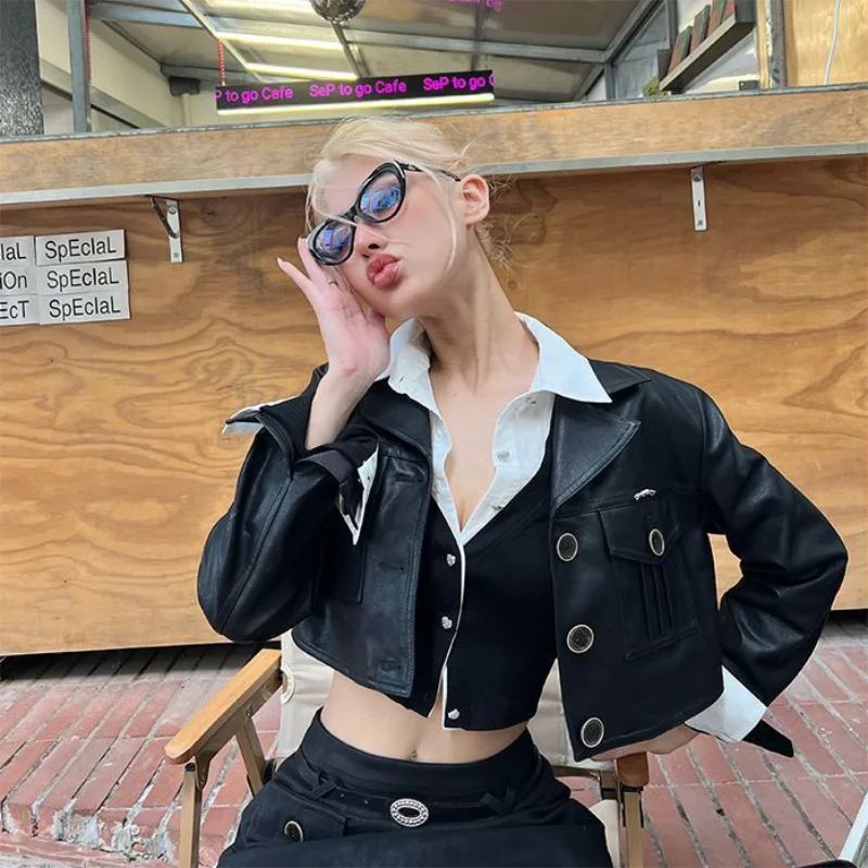 Y2K Two Piece Illusion Crop Top Women's Patchwork Slim Fit Long Sleeve Shirt Casual Streetwear Blouse for Spring and Autumn