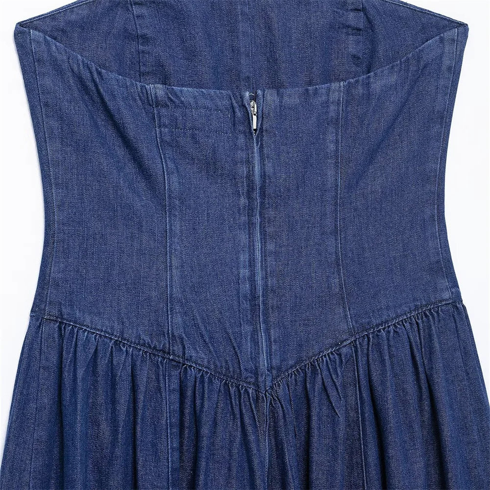 Denim Midi Dress For Women Strapless Backless Zipper Detail