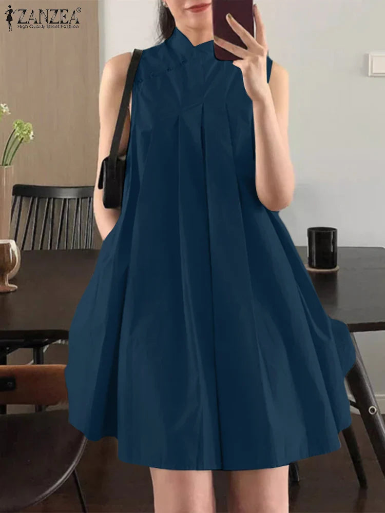 Mandarin Collar Pleated Sundress Women Sleeveless A Line