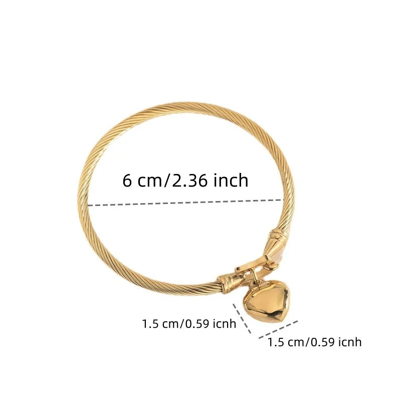 18k Gold Color Stainless Steel Heart Pendant Charm Bangle Bracelet for Men and Women