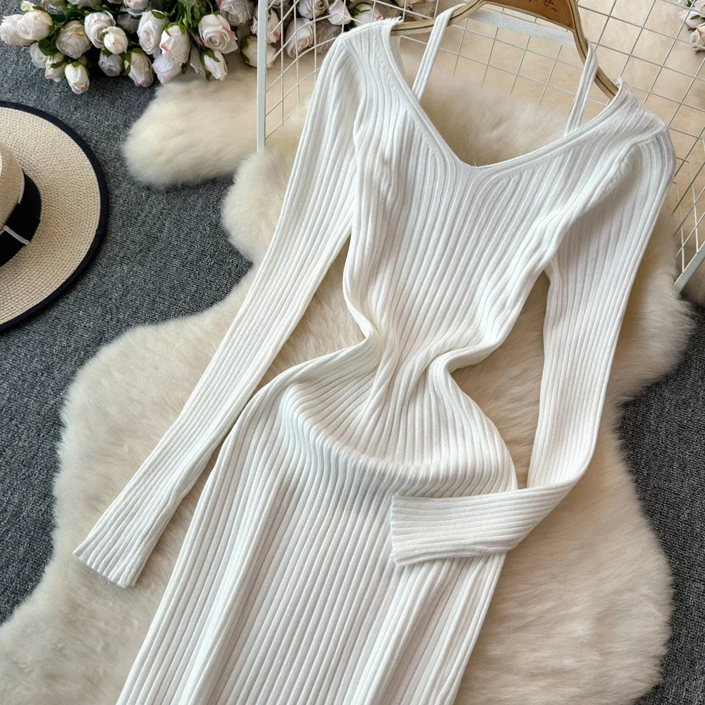 White Long Sleeve V Neck Lace Up Elegant Dress For Women