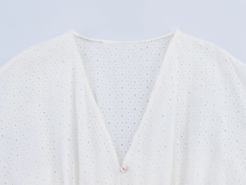 Womens Hollow Embroidery V Neck Lantern Sleeve Mini Dress