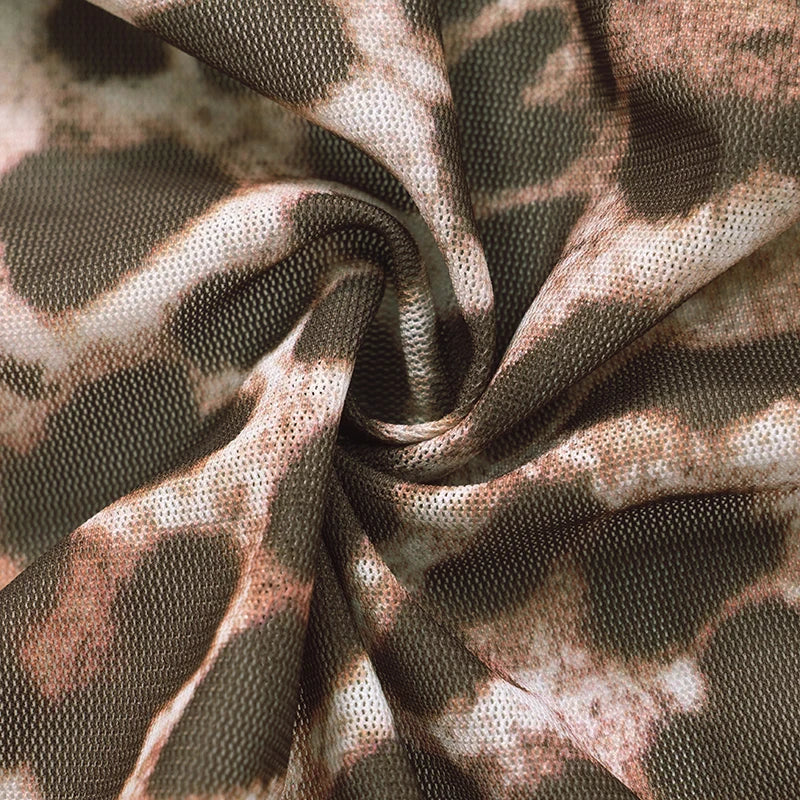 Leopard Print Mesh Long-Sleeved See-Through Sexy Set with Lace-Up Bustier, Short Shawl and Elastic Waist Pants