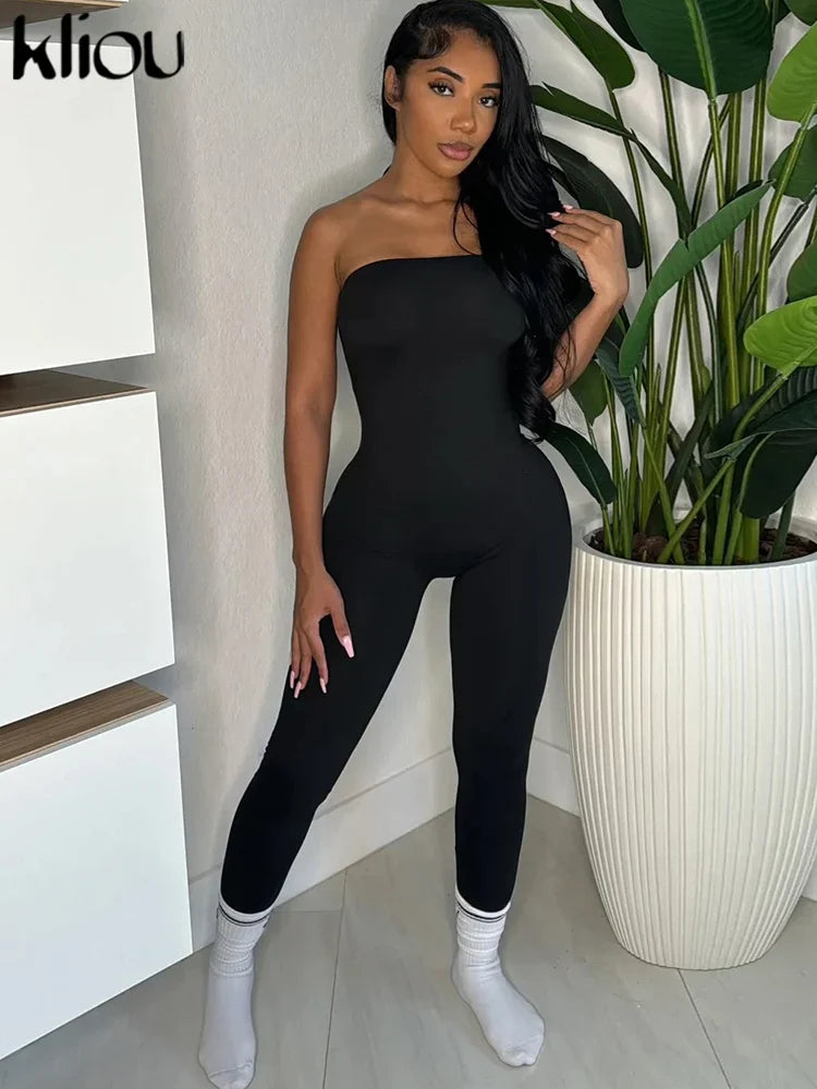 Strapless Casual Women Jumpsuit Slim Sleeveless Elastic Waist Solid Color Overalls Chic Daily Activewear