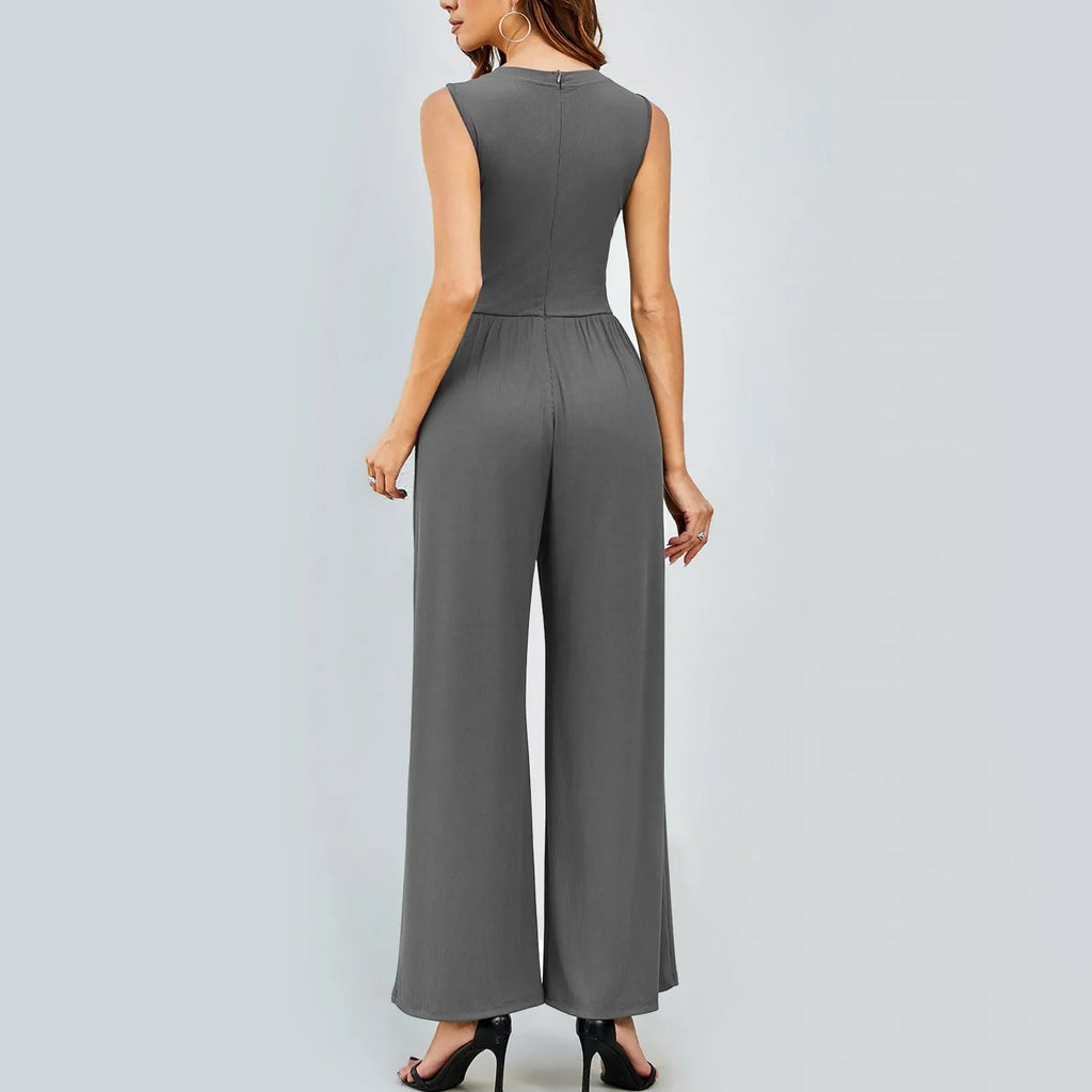 Women Sleeveless High Neck Ribbed Tank Top Jumpsuit Wide Leg Pants Romper with Tummy Control and High Waist Casual Summer Outfit