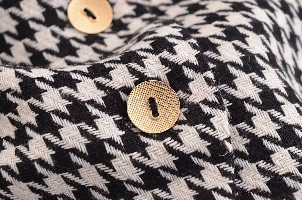 Spring Women's Houndstooth Long-Sleeve Round Neck Commuter Jacket with Casual Temperament Short Skirt Set