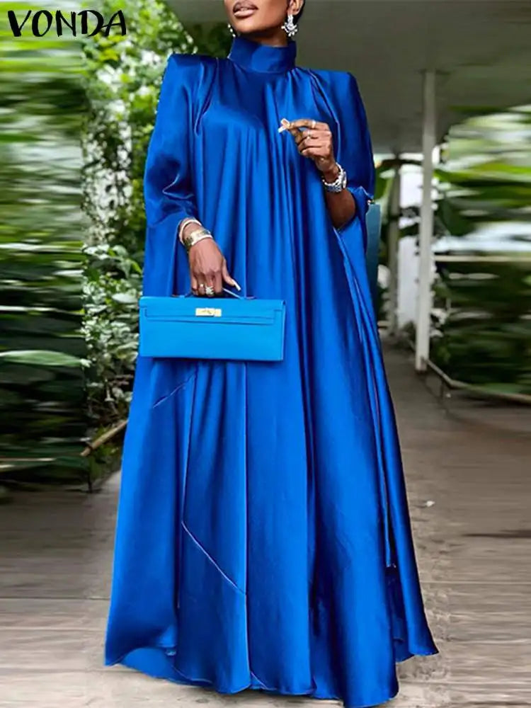 Satin Pleated Evening Dress With Stand Collar Long Sleeve