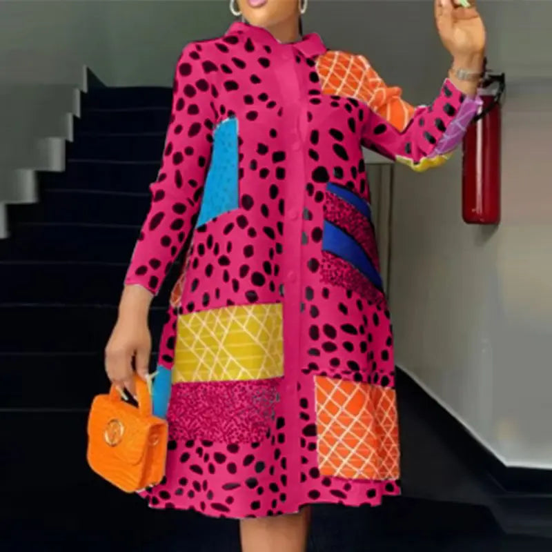 Boho Leopard Print Shirt Dress With Lapel Long Sleeve