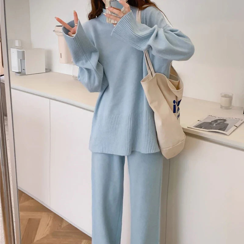 Cozy Split Knit Sweater and Casual Pants Two-Piece Set for Women Soft Solid Color Autumn Winter Outfit
