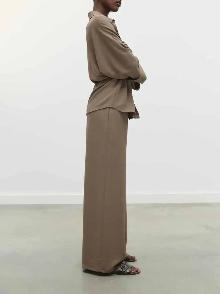 Safari Style Long Sleeve Drape Shirt and High Waist Pants Suit for Women