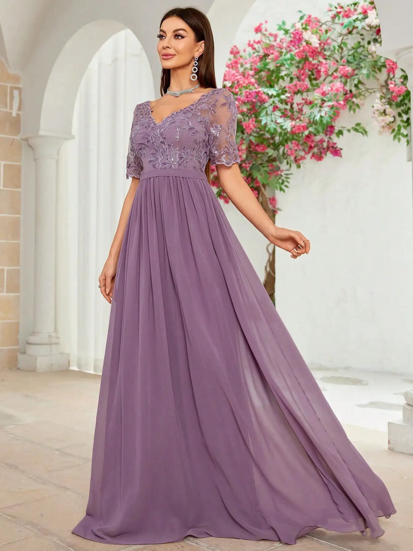 V Neck Embroidered Lace Chiffon Maxi Dress with Sleeves