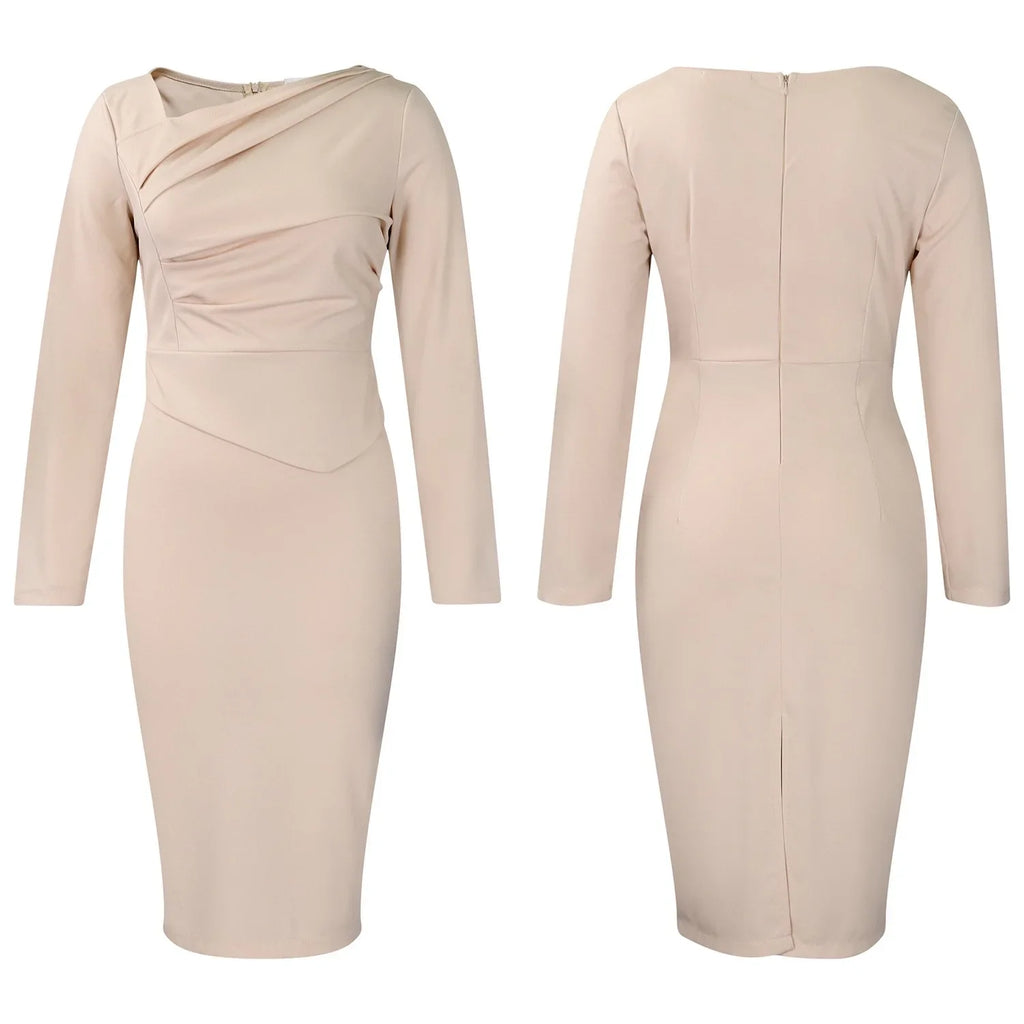 Professional Midi Office Dress for Women with Long Sleeves