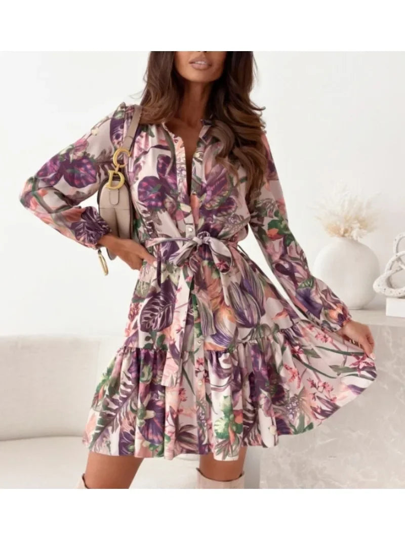 Womens Printed Shirt Dress With Belt Round Neck Long Sleeve