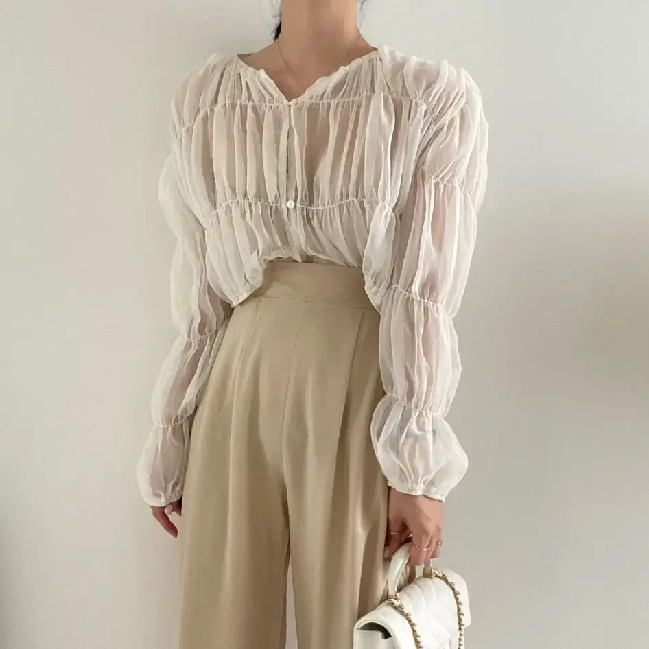 Loose Fit Chiffon Blouse for Women Pleated Sheer Long Sleeve Casual Summer Top with Elegant Folded Design