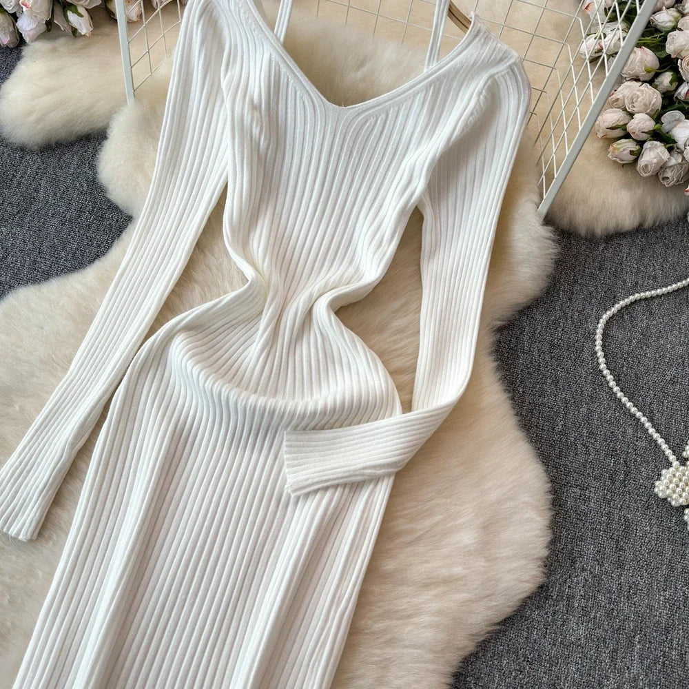 White Long Sleeve V Neck Lace Up Elegant Dress For Women