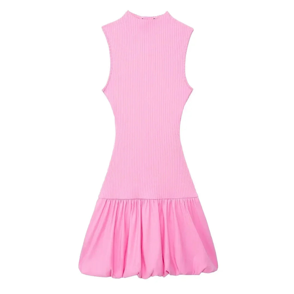 Pink Backless Mini Dress With Turtleneck Sleeveless Party