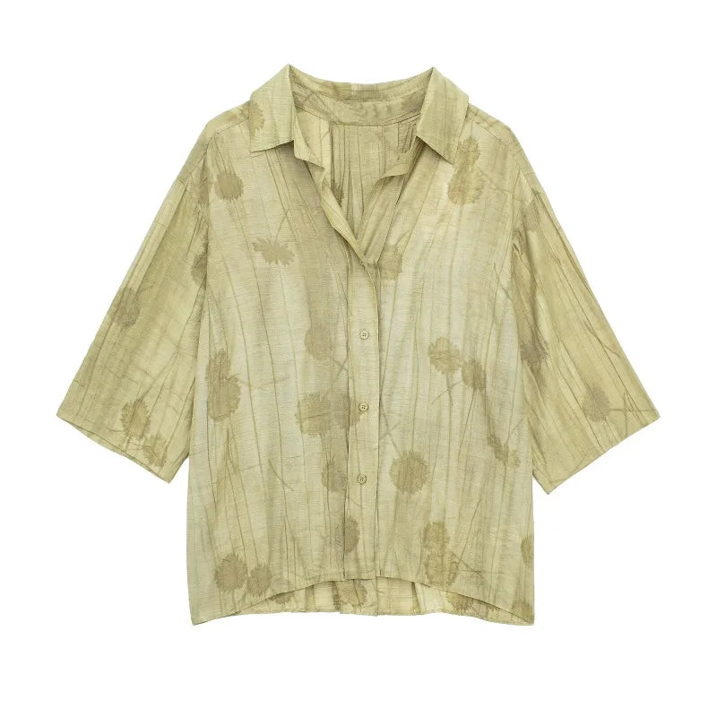 Jacquard Shirt Pants Suit for Women with Lapel Half Sleeve and Pockets, Wide Leg Pant Set for Summer Streetwear