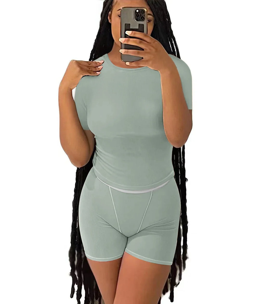 Casual Workout Two Piece Set for Women Fitted Crew Neck T-Shirt with High Waist Pants Matching Streetwear Outfit