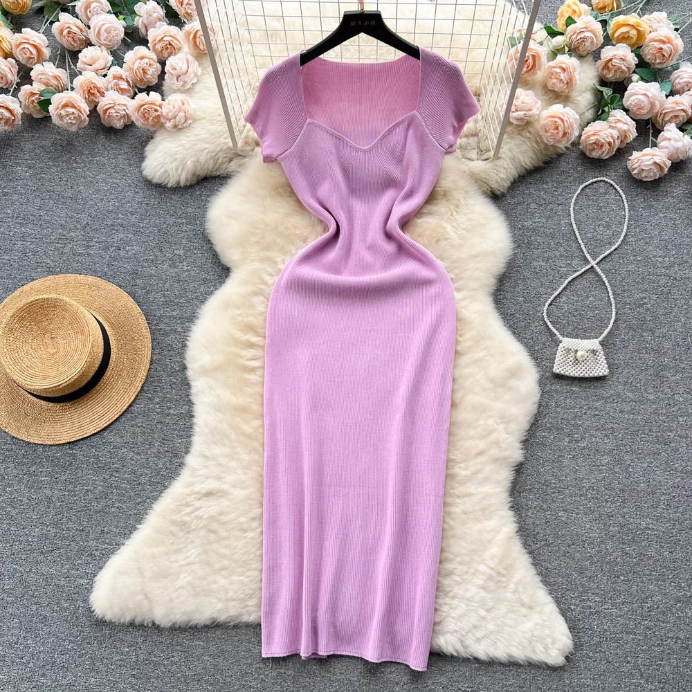 Sexy Summer Knit Dress Elastic Waist Bodycon Sundress