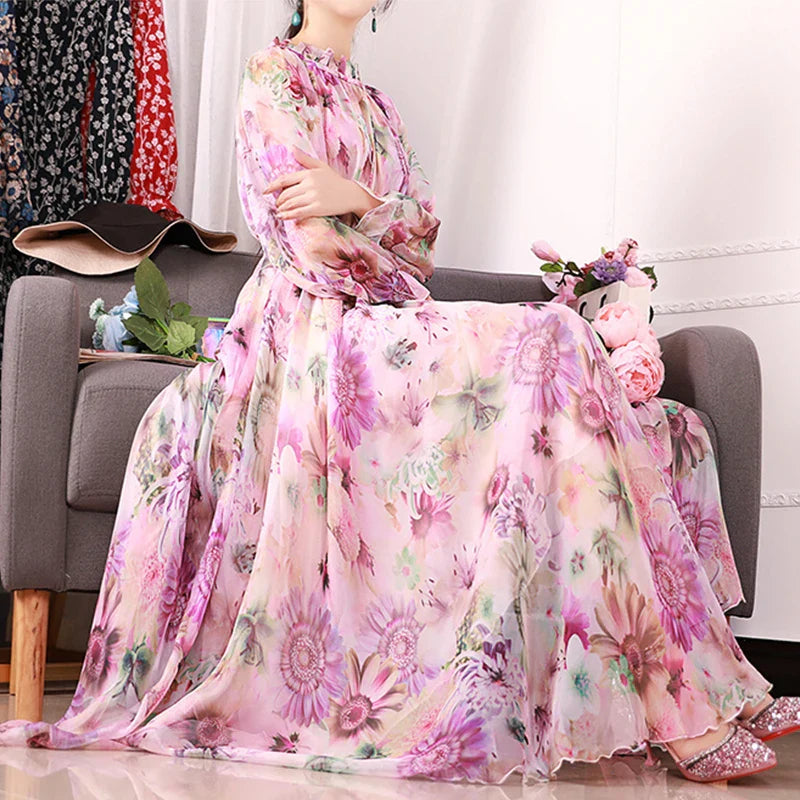 Plus Size Boho Maxi Dress Floral Chiffon Long Sleeve