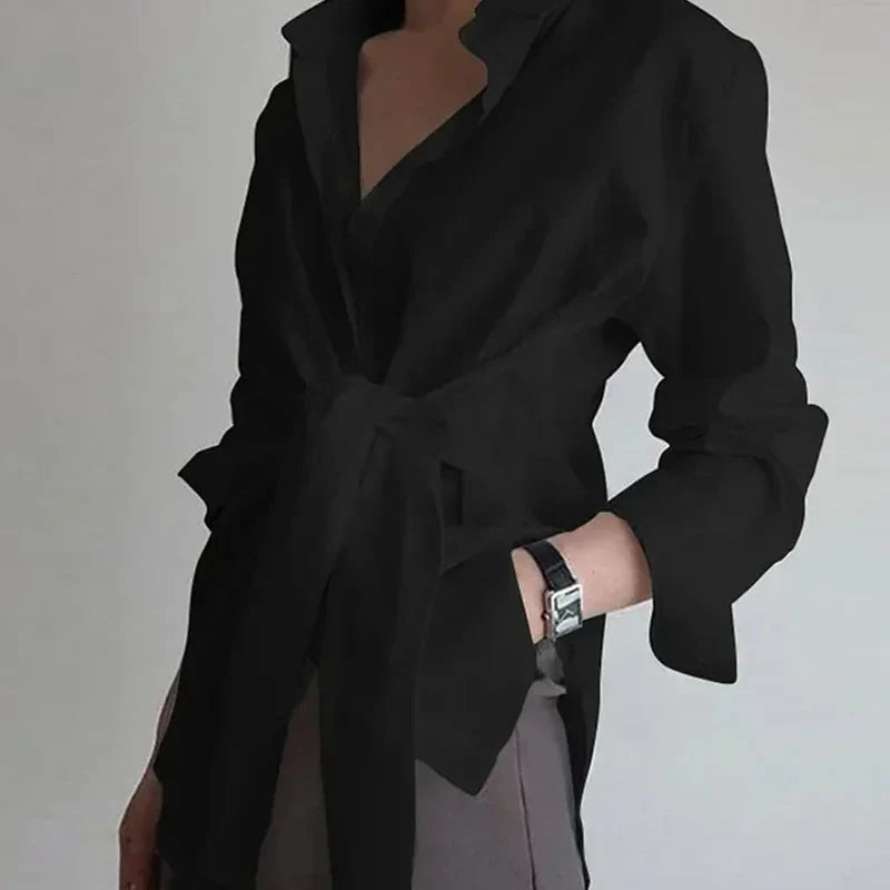 Ruched Long Sleeve Blouse for Women Lace-Up Casual Loose Fit Shirt with Turn-Down Collar Solid Color Elegant Top