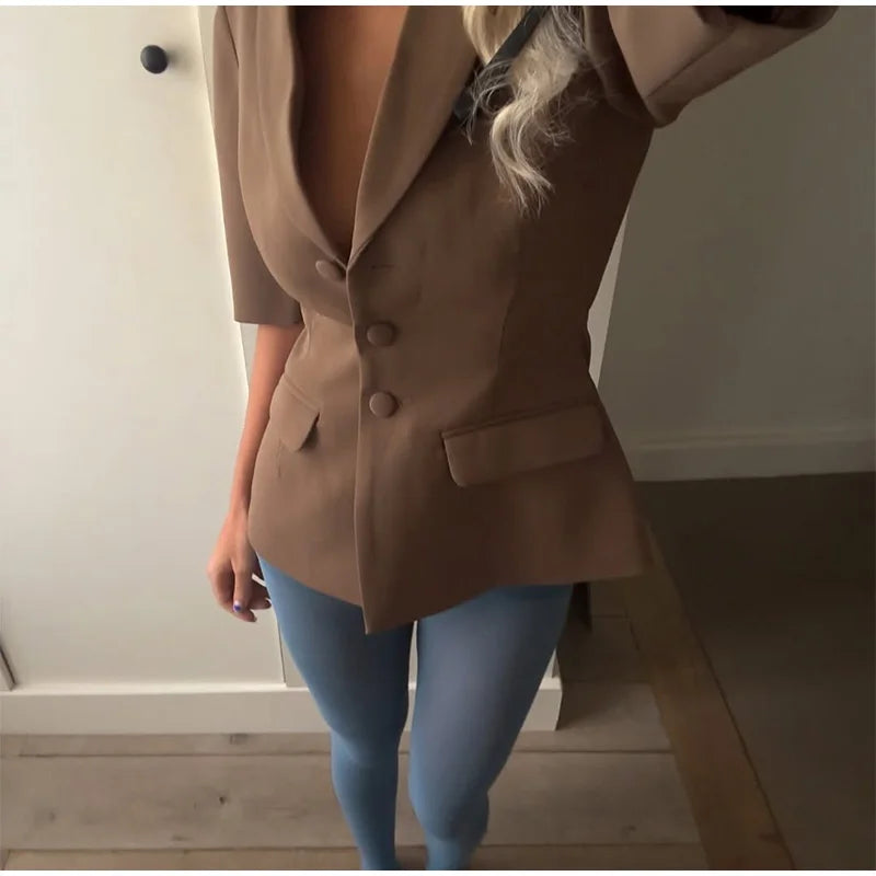 Casual Women Blazer Pants Suit with Slim Lapel Puff Sleeves and Wide Leg Trousers 2 Piece Outfit
