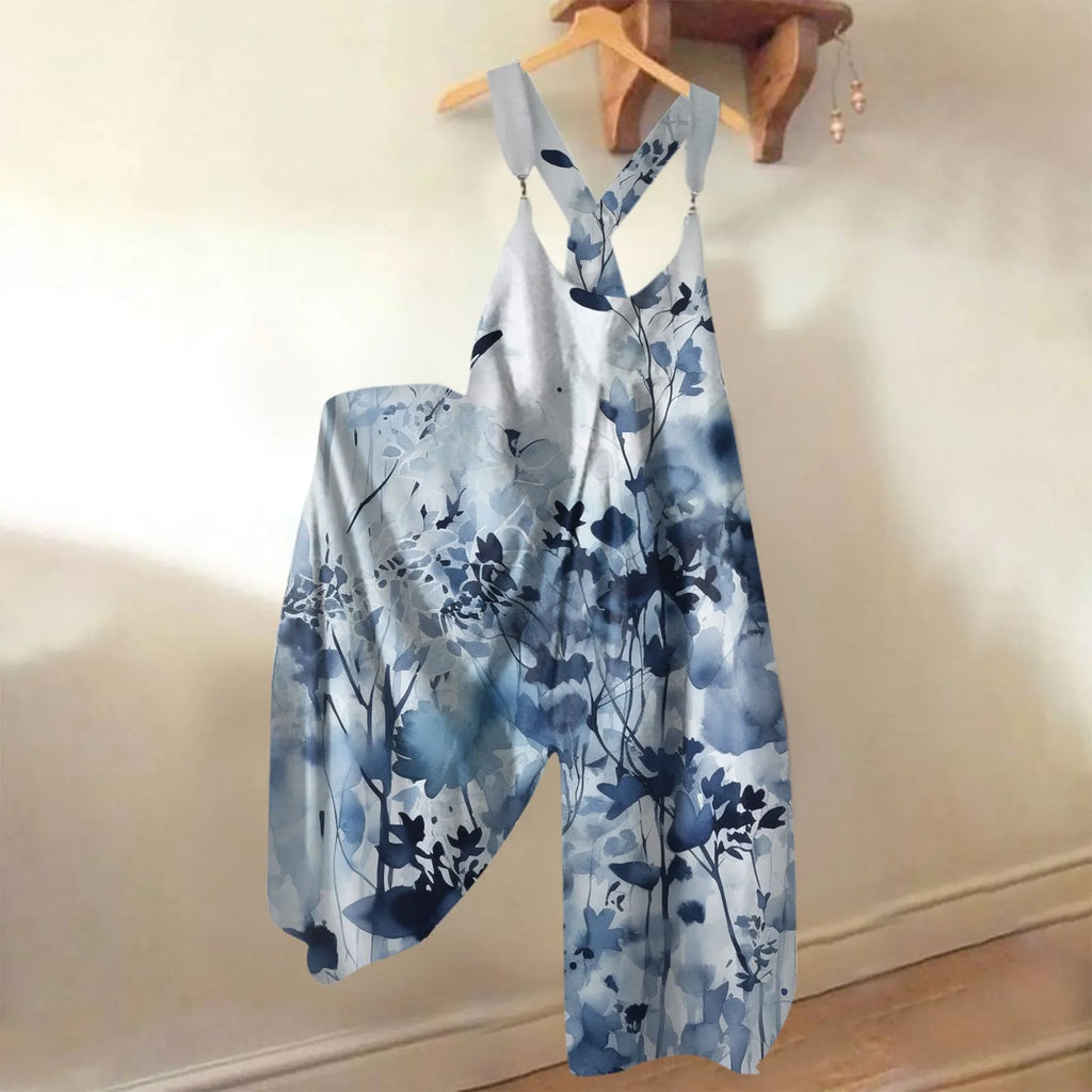 Wide Leg Sleeveless Overalls for Women Casual Loose Fit Jumpsuit with Retro Print Metal Buttons Long Pants Romper with Functional Pockets