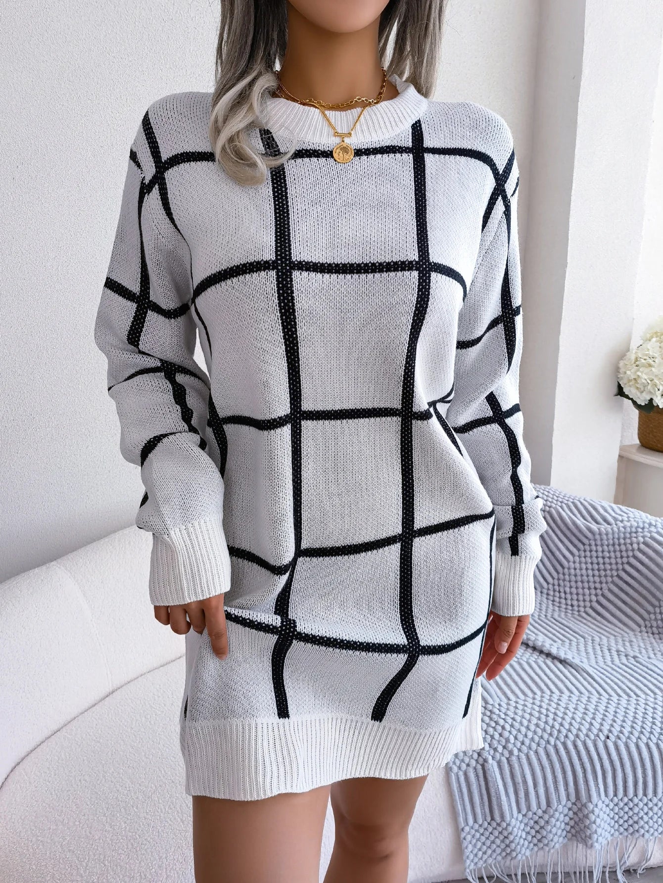 Women Plaid Knitted Sweater Dress Long Sleeve Casual Wear