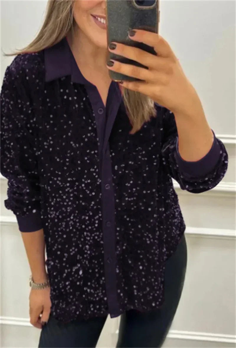 Sequin Lapel Women's Black Shirt Casual Glitter Loose Long Sleeve Single Breasted Retro Party Top Streetwear