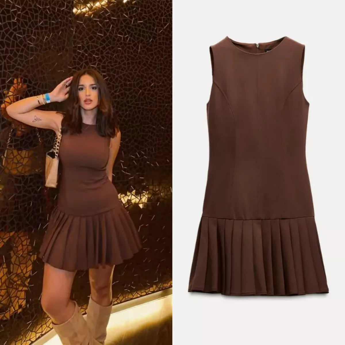 3D Cutout Mini Dress Pleated Skirt Brown Sleeveless