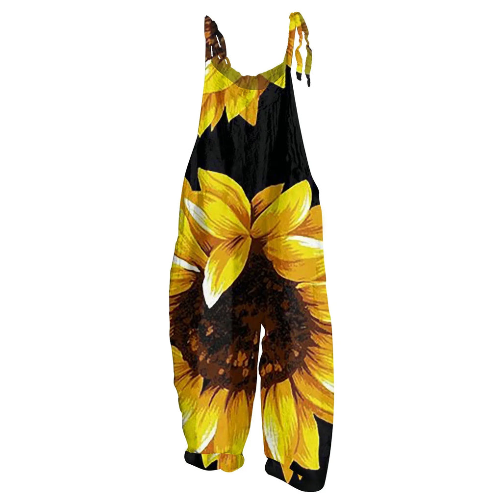 Sunflower Print Slim Fit Cotton Linen Overalls Women Casual Loose Jumpsuit Stylish Romper with Adjustable Shoulder Straps Comfortable Everyday Wear