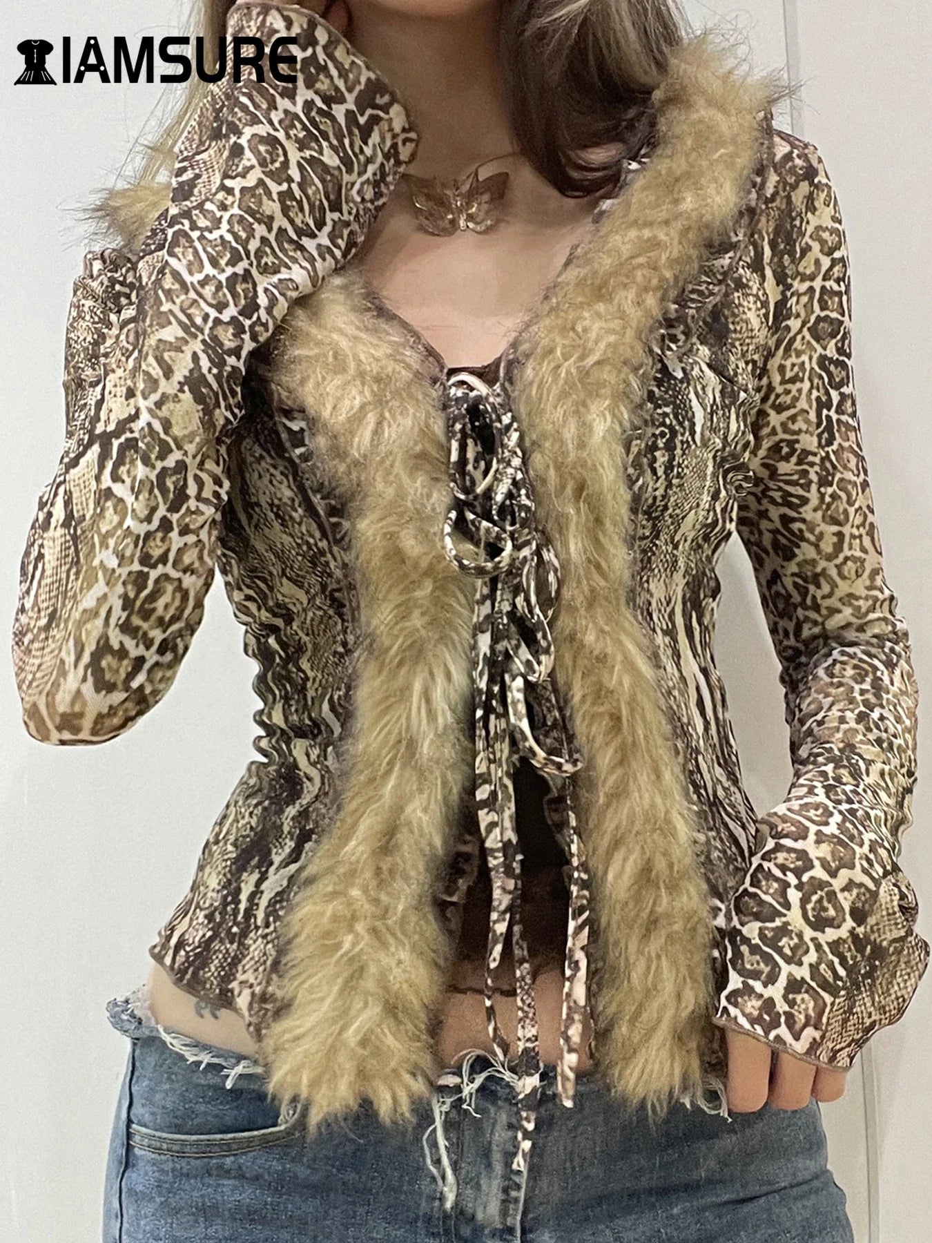 Casual Leopard Fur Trim Sheer Mesh V-Neck Long Sleeve Slim Bandage Blouse for Women