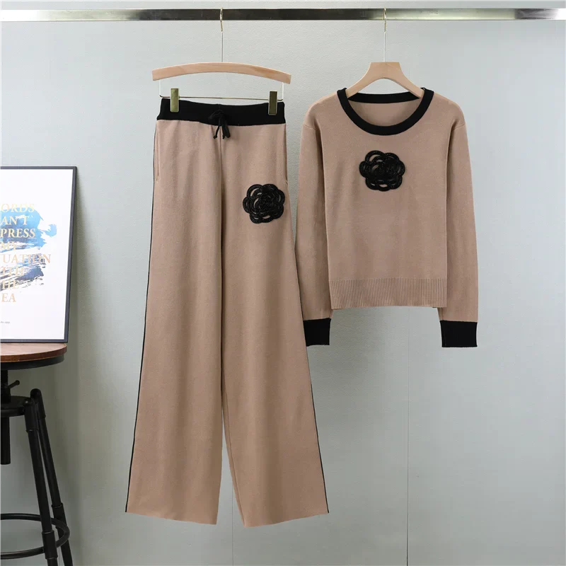 Knitted Loose Women Pant Suit Set with O Neck Pullover and Wide Leg High Waist Pants