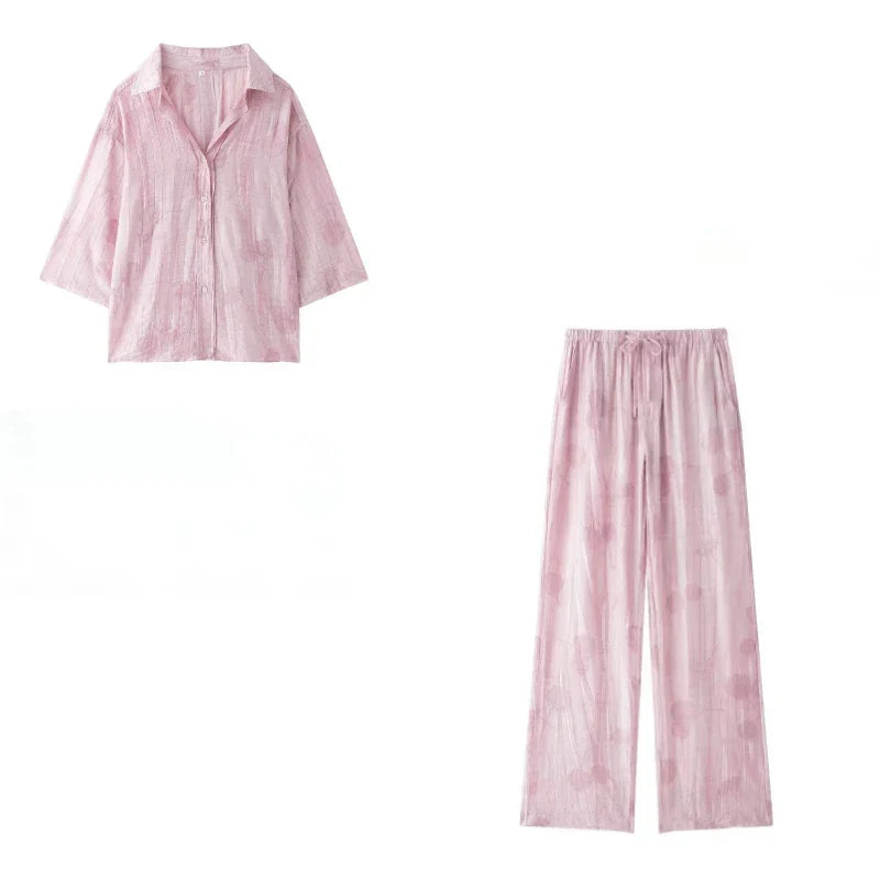 Jacquard Shirt Pants Suit for Women with Lapel Half Sleeve and Pockets, Wide Leg Pant Set for Summer Streetwear