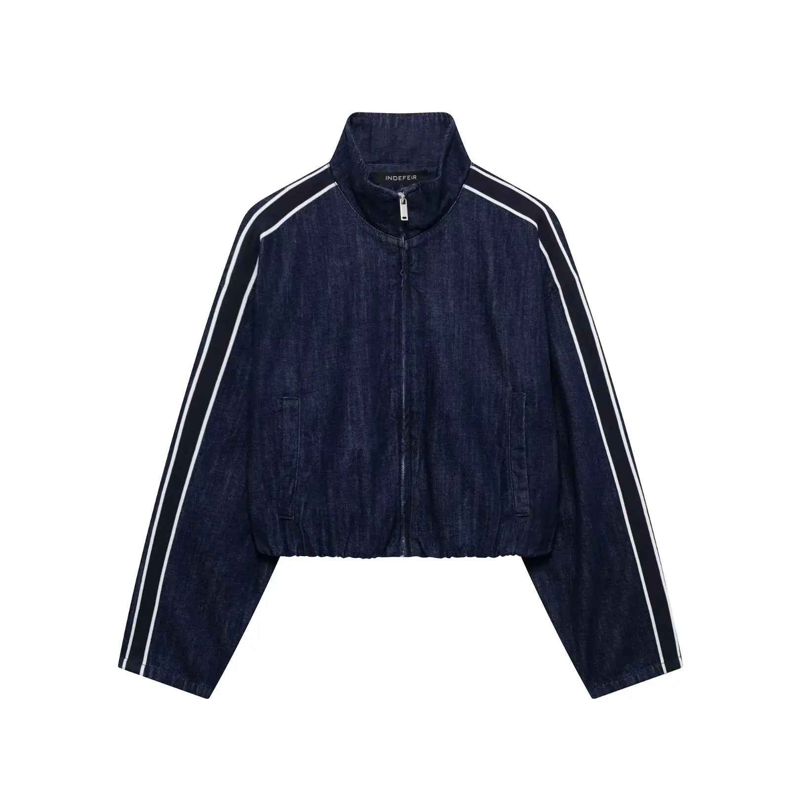 Women High Street Denim Set with Side Stripe Zipper Jacket and Lace-Up Pants for Casual Spring Fashion