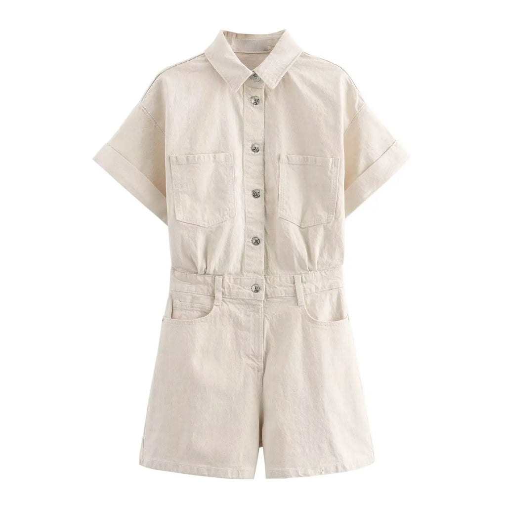Women's Denim Short Jumpsuit Slim Fit with Lapel Collar Curled Short Sleeves and Patch Pockets Summer Casual Romper