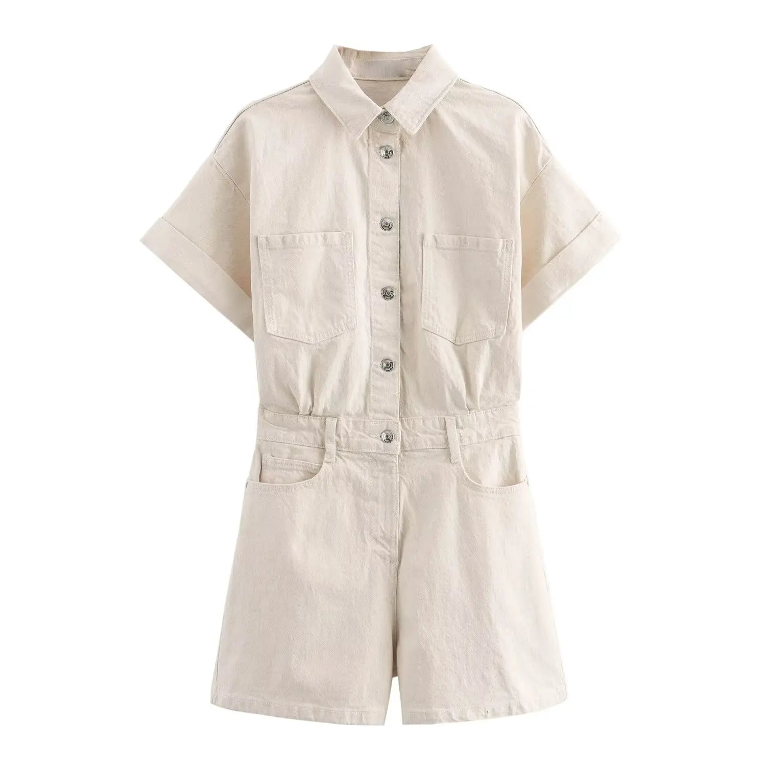 Women's Denim Short Jumpsuit Slim Fit with Lapel Collar Curled Short Sleeves and Patch Pockets Summer Casual Romper