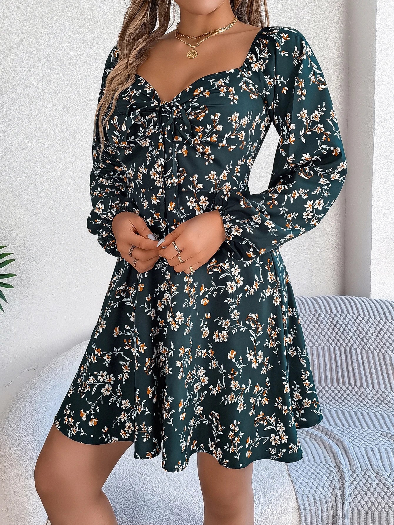 Floral Print Square Neck Dress With Long Sleeve Lace Up