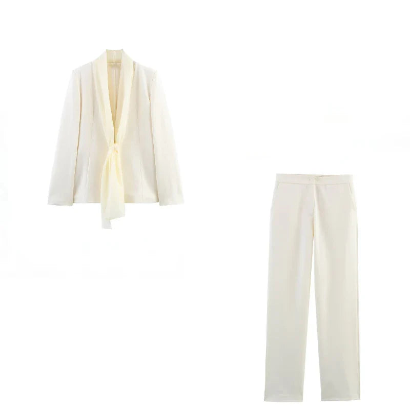 Women's Lace-up Loose Jacket and High Waist Zip Trousers Suit Set with Lapel Long Sleeve Coat for Spring and Summer