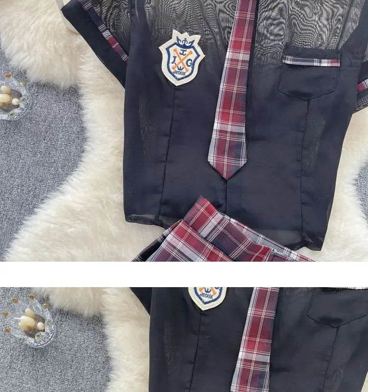 Sexy Preppy Style JK Set for Women Polo Neck See-Through Crop Top Plaid Pleated Short Skirt Student Cosplay Outfit