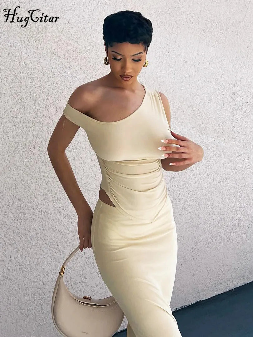 Elegant Summer Two Piece Set Women Solid One Shoulder Crop Tank Top and Maxi Skirt Dress for Birthday Party Festival