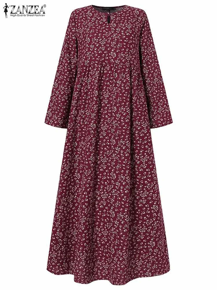 Floral Print Maxi Dress With Long Sleeves O Neck Boho Style