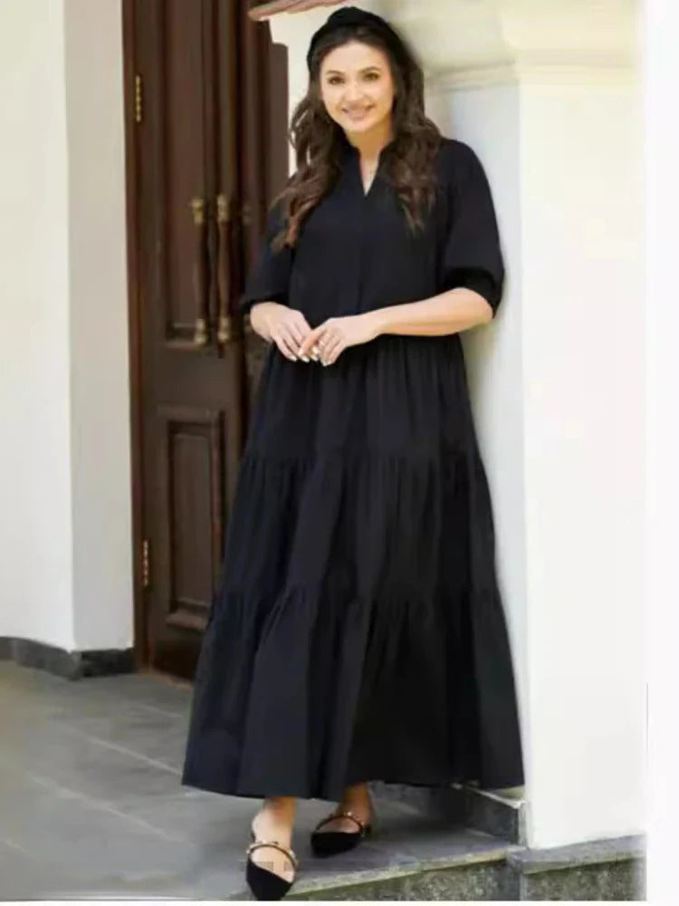 Summer Dress Solid Color Loose Fit Women Half Sleeves