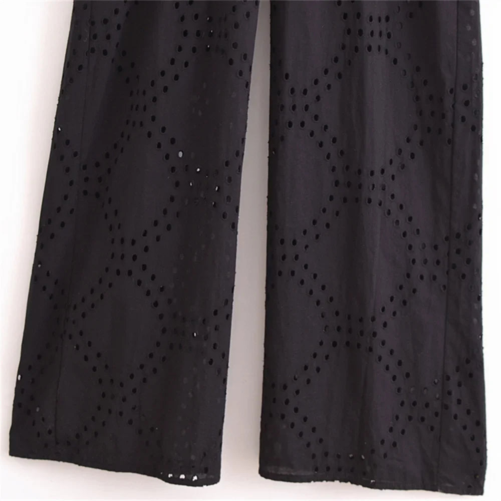 Casual Women's Short Sleeve Jumpsuit with Bow Waist Strap and Hollow Embroidery Summer Fashion Slimming One-Piece Romper